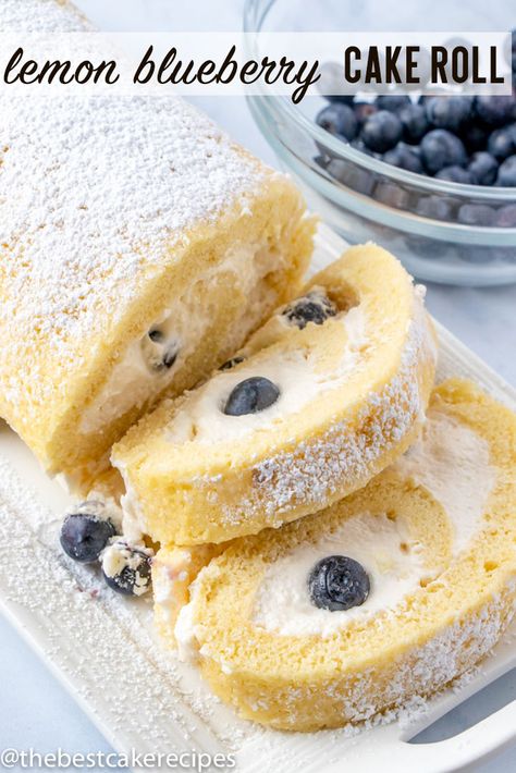 Nothing says spring and summer like fresh blueberry and lemon flavor. Cake rolls always make a beautiful presentation. #cakerolls #cake #cream #lemon #blueberry #summer Blueberry Cake Roll, Lemon Cake Roll Recipe, Lemon Roll Cake Recipe, Lemon Cake Roll, Lemon Curd Cream, Jelly Rolls Recipe, Blueberry Cake Filling, Moist Blueberry Cake, Healthy Blueberry Cake