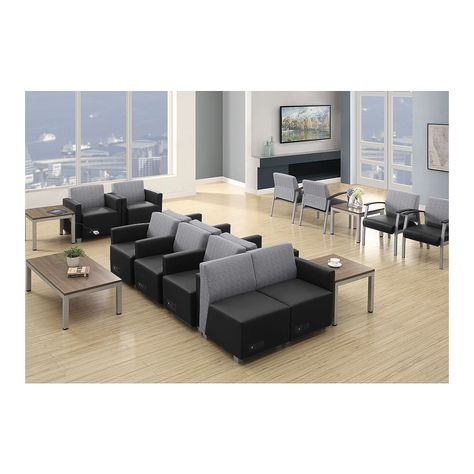 Transform your seating area with the modern, modular Compass Ten-Piece Lounge Seating Group with Power to provide your guests with comfort and utility. This set includes one armless lounge chair, four lounge chairs with arms and five left-arm lounge chairs. Each piece comes with sturdy ganging brackets to make configuring easy and integrated power with two AC outlets and two USB charging ports.  The Compass collection brings modern polish to a wide range of public settings – from reception areas to clinical waiting areas and more. Comfort and longevity can be guaranteed with the commercial quality PVC-free polyurethane that can be cleaned with a mild bleach solution. The minimalist design and polished finishes will complete the look of your space and provide a comfortable seating area for Small Waiting Room Design, Waiting Room Design Reception Areas, Office Waiting Area, Work Lounge, Waiting Room Design, Armless Lounge Chair, The Compass, Waiting Area, Lounge Seating