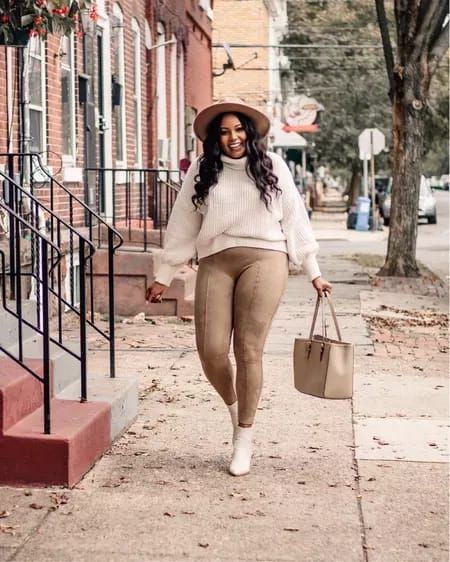 Spanx faux suede leggings outfit. #spanx #leggings #leggingsoutfit #falloutfit #LTKSeasonal #LTKunder100 #LTKstyletip Faux Suede Leggings Outfit, Nude Leggings Outfit, Cream Leggings Outfit, Tan Leggings Outfit, Beige Leggings Outfit, Suede Leggings Outfit, Camel Leggings, Cream Sweater Outfit, Nude Leggings