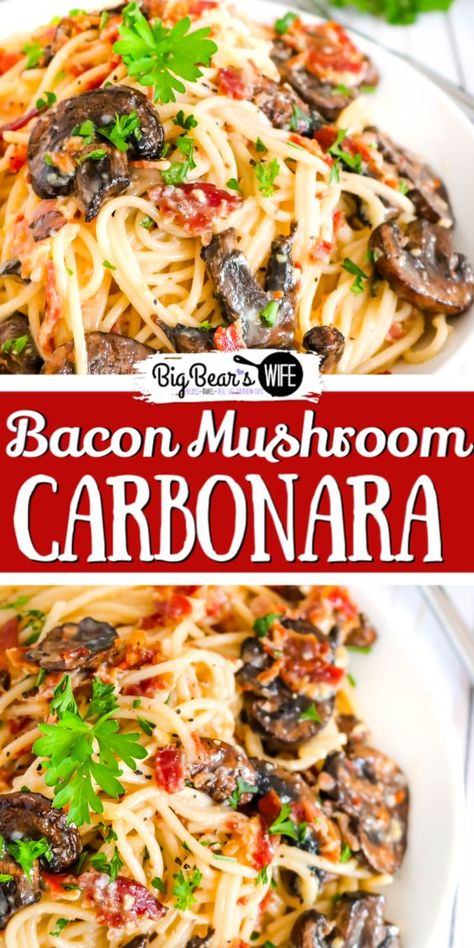 Bacon Mushroom Carbonara Pasta, Pasta With Bacon And Mushrooms, Dinners Pasta, Hibachi Rice, Bacon Mushroom Pasta, Pasta Recipes Easy, Mushroom Carbonara, Bacon Pasta Recipes, Pasta Bakes