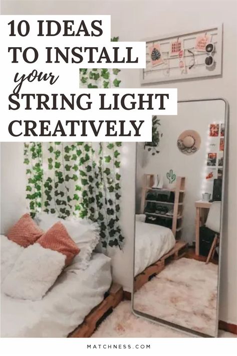 You can use string lights for lighting ideas in your home to make it look more beautiful. Try attaching the vines to the wall, then adding string lights there. So that it will make your walls look beautiful and can be the perfect focal point. #stringlight #lighting #decorativelighting Vine Garland Bedroom, Sheer Curtains With String Lights, Curtain Lights And Vines Bedroom, Curtain Lights With Vines, Boho Bedroom With Curtain Lights, Curtain Vine Lights, Wall Vine Ideas, String Light Bedroom Ideas, Fairy String Lights Bedroom