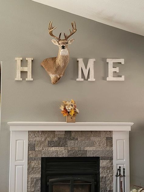 Bull Horns Decor Living Rooms, Modern Deer Mount Decor, Deer Home Decor Ideas, Accent Wall With Deer Mounts, Deer On Wall Decor, How To Hang Deer Antlers On Wall, Home With Deer Head, Wall Decor With Deer Mount, Deer On Wall Living Room