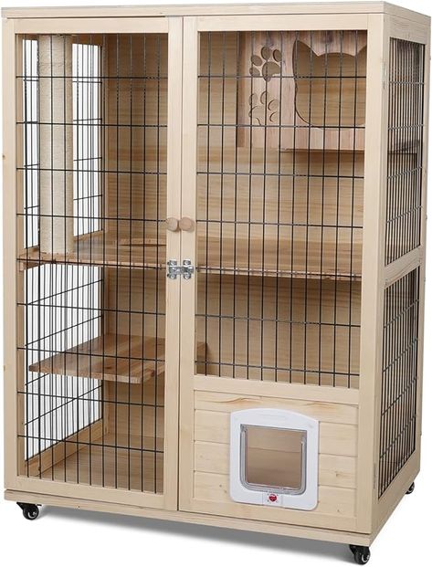 Amazon.com : PANTAZO Wooden Cat House Large Space Cat Cage with Scratching Post and Lockable Wheels Double Layer Cat House with Escape Door Outdoor/Indoor… : Pet Supplies Wooden Cat House Outdoor, Cat Cages Outdoor, Cat Aquarium, Cat Cages Indoor, Cat House Outdoor, Indoor Cat House, Wooden Cat House, Cat Houses Indoor, Cat Patio