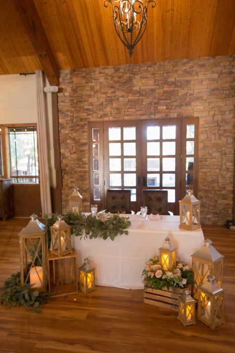 Rustic wedding Rustic Wedding Entry Table, Simple Rustic Centerpieces Wedding, Sweetheart Table Lanterns, Head Table Wedding Decorations Rustic, Rustic Wedding Welcome Table, Couples Table, Kindred Oaks, Rustic Sweetheart Table, Lantern Table Decor