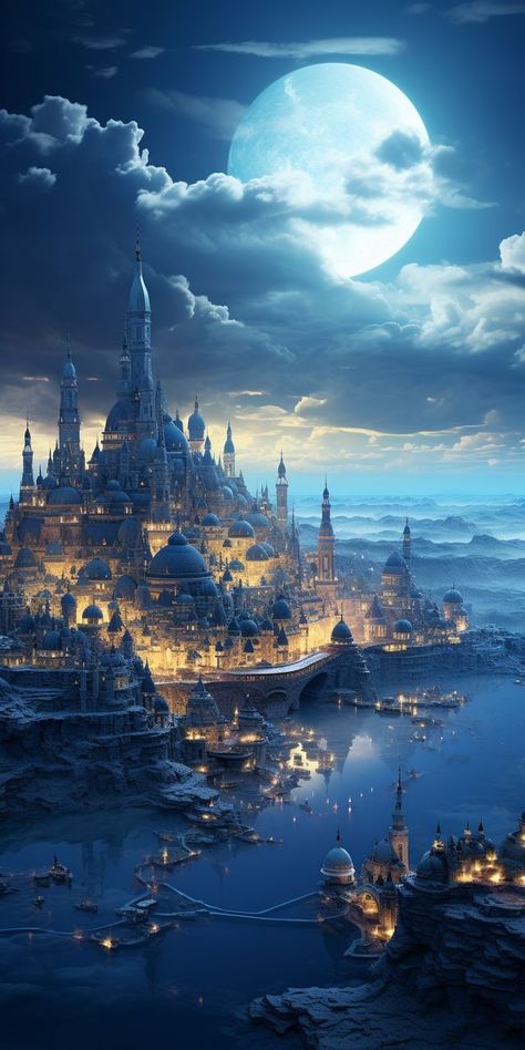 Fantasy Castle City, Fantasy Kingdom Concept Art, Fantasy Kingdom Cities, Sky Castle, Moon Kingdom, My Fantasy World, 캐릭터 드로잉, Fantasy City, Fantasy Castle