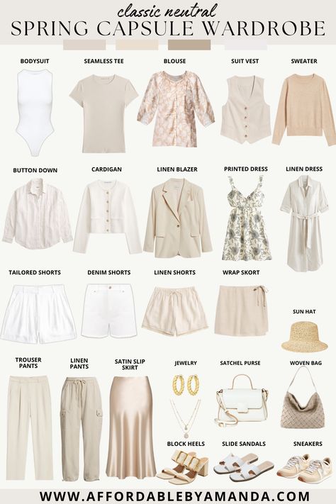 Classic Neutral Spring Capsule Wardrobe 2024 - Affordable by Amanda Soft Neutral Outfit, Feminine Wardrobe Capsule, White Clothing Aesthetic, Soft Natural Capsule Wardrobe, Cute Neutral Outfits, Beige Capsule Wardrobe, Capsule Wardrobe 2024 Spring, Nuetral Pallete Outfits, Neutral Wardrobe Capsule