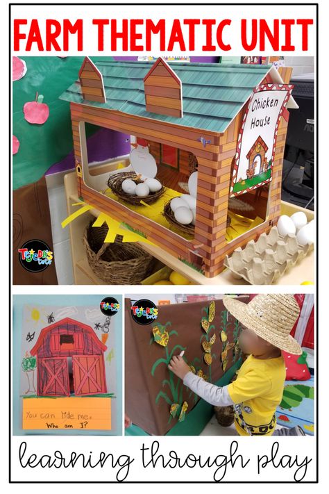 Farm Thematic Unit Activities and Centers for Learning Through Play Farm Centers Kindergarten, Farm Animals Kindergarten Activities, Play Provocations, Ideas For Kids Activities, Animal Walks, Structured Play, Farm Math, Farm Activities Preschool, Preschool Farm