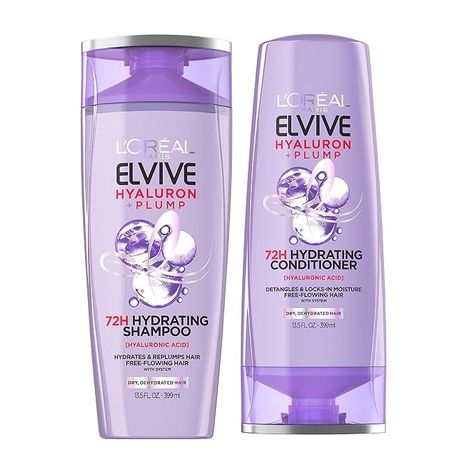 Amazon.com : L'Oreal Paris Elvive Hyaluron Plump Hydrating Shampoo & Conditioner for Dehydrated, Dry Hair Infused with Hyaluronic Acid Care Complex, Paraben-Free, 12.6 Fl Oz : Beauty & Personal Care Shampoo And Conditioner Loreal, L’oréal Elvive, L’oréal Shampoo And Conditioner, Good Hair Shampoo Products, Elvive Shampoo And Conditioner, L’oréal Hyaluronic Shampoo, Shampoo Elvive Loreal, Loreal Purple Shampoo, Loreal Hyaluronic Shampoo