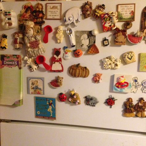 Fridge Covered In Magnets, Decorated Fridge Aesthetic, Vintage Refrigerator Magnets, Quirky Fridge Magnets, Magnets On Fridge, Fun Fridge Magnets, Vintage Fridge Magnets, Aesthetic Fridge Magnets, Fridge Magnets Aesthetic