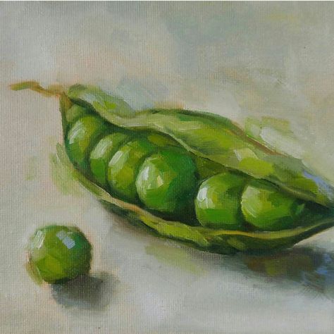 Peas in a Pod oil painting. kaliegravesart.com @kalie.graves.art Veggie Art, Vegetable Painting, Still Life Fruit, Watercolor Fruit, Snow Peas, Food Painting, Oil Pastel Art, Fruit Painting, 수채화 그림