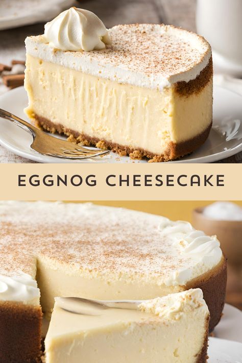 "Indulge in holiday bliss with our Eggnog Cheesecake! 🎄✨ Creamy cheesecake infused with rich eggnog flavor, topped with a decadent spiced whipped cream. A festive treat that'll have your taste buds dancing! #EggnogCheesecake #HolidayDesserts #DeliciousDelights 🍰🎁" Holiday Baking Recipes Christmas, Gingerbread Crust, Christmas Dinner Parties, Cheesecake Christmas, Christmas Desserts Cakes, Desserts Holiday, Spiced Eggnog, Creamy Eggnog, Desserts Thanksgiving