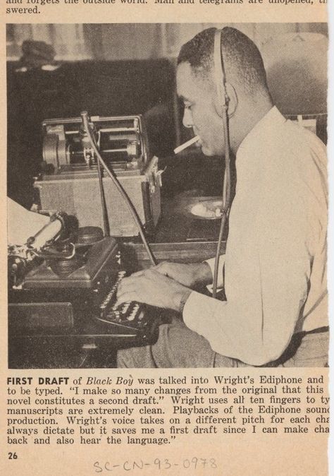 Author Richard Wright sitting at typewriter and listening through an Ediphone to create a draft of his autobiography "Black Boy." - NYPL Digital Collections Richard Wright Author, African American Authors, Richard Wright, Black Boy, New York Public Library, Black Boys, Black Culture, History Books, Typewriter