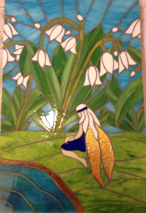 "The Lily of the Valley Fairy": 2nd fairy mosaic in my fairies and flowers series Lily Of The Valley Mosaic, Lily Of The Valley Stained Glass Pattern, Fairy Mosaic, Mosaic Fairy, Mosaic Mushrooms, Lily Of The Valley Fairy, Fairies And Flowers, Fairy Garden Art, Snowdrop Flowers