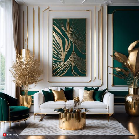 Green Living Room Color Scheme, Emerald Green Living Room, Green Sofa Living Room, White And Gold Decor, Green Living Room Decor, Green Apartment, Art Deco Living Room, Elegant Living Room Decor, Green Interior Design