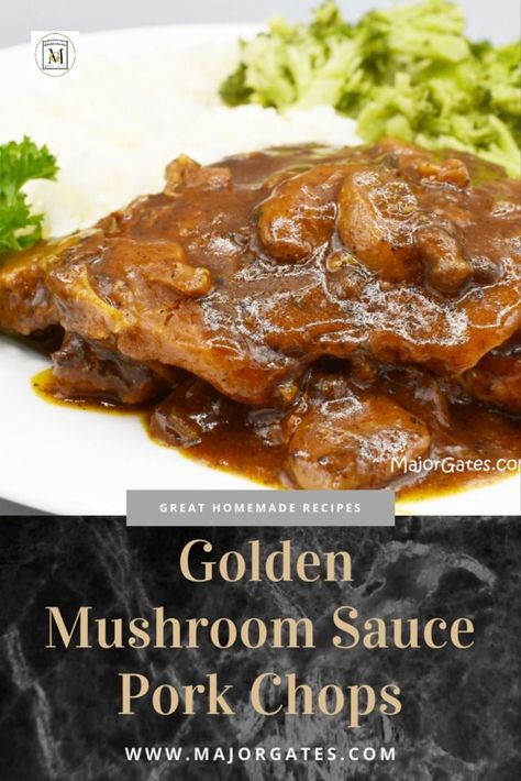 Make dinner delicious with Golden Mushroom Sauce Pork chops. #PorkRecipes #DinnerIdeas #MushroomRecipes Golden Pork Chops, Pork Chop And Mushroom Soup Recipes, Pork Chops And Mushrooms Recipes, Mushroom Pork Chop Recipes, Campbells Golden Mushroom Recipes, Pork Chop Recipes Mushroom Soup, Campbell Soup Pork Chop Recipes, Pork Chops In Mushroom Soup, Pork Chops With Mushroom Sauce