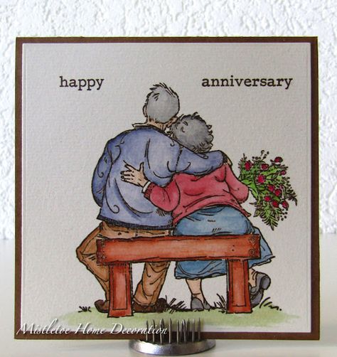 Anniversary card with Tom and Tilly by Penny Black Stamp - Old couple on a bench Vieux Couples, Anniversary Cards Handmade, Art Impressions Cards, Penny Black Cards, Art Impressions Stamps, Penny Black Stamps, Diy Anniversary, 50th Anniversary Party, Old Couples