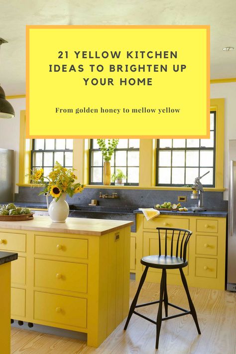 Sunny Yellow Kitchen, Yellow Kitchen Oak Cabinets, Yellow Kitchen Island Ideas, Yellow And Oak Kitchen, Kitchens With Yellow Cabinets, Yellow And Brown Kitchen Ideas, Red And Yellow Kitchen Ideas, Yellow Accents In Kitchen, Yellow Walls Kitchen Ideas