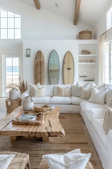 29 California Coastal Interior Design Ideas for a Fresh and Airy Space Beach House Accent Wall Ideas, Acapulco, Surf Inspired Living Room, Surf Decor Living Room, Sea House Interior, Blue Interior Design Living Room, Surf House Decor Interior Design, Surf Interior Design, Surf Living Room