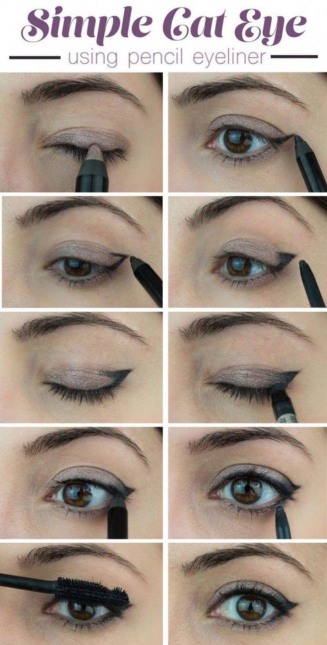 how to create a cat eye using pencil eyeliner #eyelinertutorial Simple Cat Eye, Cat Eye Tutorial, Cat Eye Makeup Tutorial, Cat Eye Look, Green Eyeliner, Makeup Tutorial Foundation, Fixing Spray, Makeup Tutorial Step By Step, Eyeliner Styles