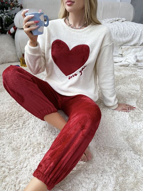 Sleepwear Women Pajamas, Women Slogan, Red Pajamas, Heart Letter, Flannel Pajama Sets, Cute Pajamas, Letter Embroidery, Elegant Dresses Long, Women Long Sleeve Tops