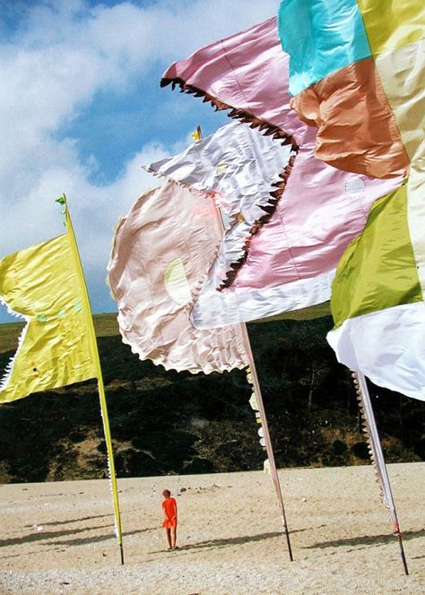 Angus Watt - Festival Flags - Living Standards - Loe Bar Beach Installation, Survivor Crafts, Multicultural Festival, Wind Element, Festival Flags, Electronic Music Festival, Pool Beach Party, Eco Decor, Festival Theme