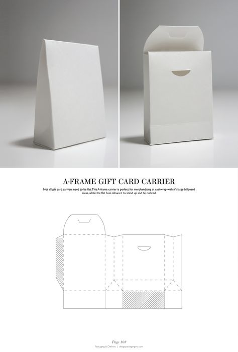 A-Frame Gift Card Carrier - Packaging & Dielines: The Designer's Book of Packaging Dielines Packaging Dielines, Card Carrier, Paper Box Diy, Origami Bag, Paper Box Template, Packaging Diy, Packaging Template, Gift Box Template, Origami Box