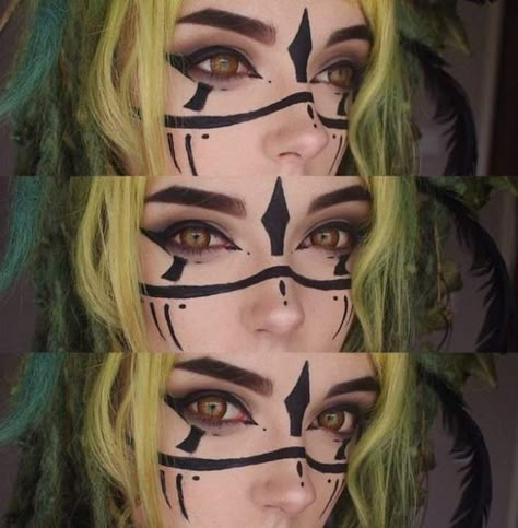 Fae Cosplay Makeup, Link Cosplay Makeup, Fairy Markings, Woodland Witch Makeup, Green Fantasy Makeup, Face Markings Makeup, Green Hair Costume Ideas, Fae Markings, Fae Larp