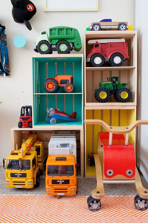 Big Truck Storage Ideas, Big Toy Car Storage, Large Kid Toy Storage, Big Boy Room Toy Storage, Playroom Large Toy Storage, Wood Crate Toy Storage, Playroom Truck Storage, Large Toy Car Storage, Truck Storage Ideas Toy