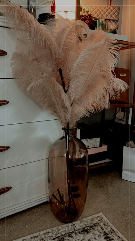 Feathers In Vase Decor, Decorative Feathers In Vase, Tan Feathers In Vase, Tall Vases With Feathers, Vase With Feathers Decor, Feathers In Glass Vase, Feather Vase Decor Living Room, Large Feathers In Vase, Pampas Vase Decor