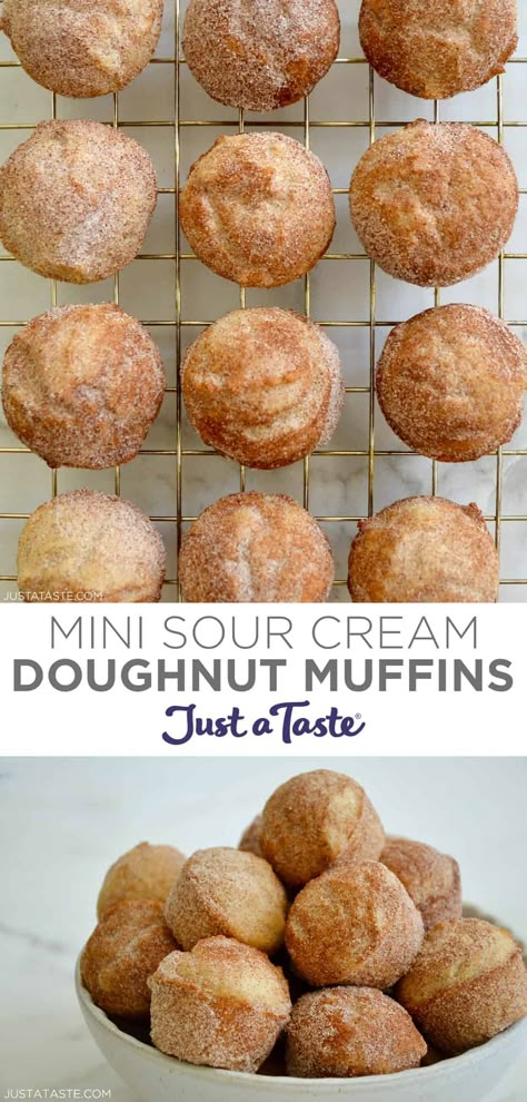 Your family will love this Mini Sour Cream Doughnut Muffins recipe! Just imagine an old-fashioned cake doughnut rolled in cinnamon sugar. When time is short, it’s doughnut muffins to the rescue! #justatasterecipes Mini Breakfast Muffins, Mini Muffin Pan Recipes, Cream Donut Recipe, Mini Muffin Tin Recipes, Cream Doughnut, Sour Cream Scones, Sour Cream Donut, Sour Cream Muffins, Muffin Pan Recipes