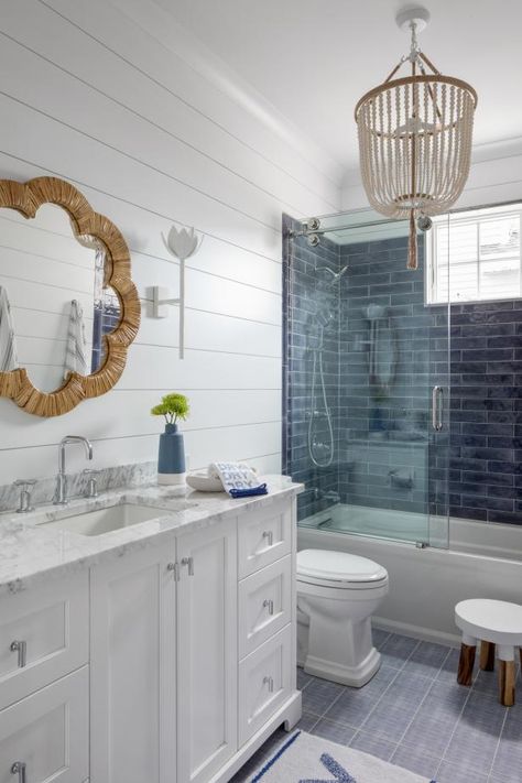 Coastal Bathroom With Beaded Pendant Blue Shower Tile, Marble Shower Tile, Beach Style Bathroom, White Oak Kitchen, Garage Door Styles, Coastal Bathroom, Garage Style, Coastal Bathrooms, Beach Retreat