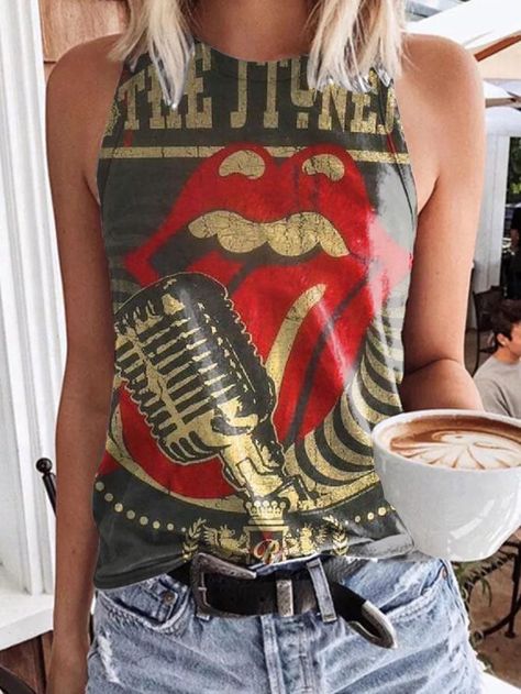 Sport Dress, Dark Fashion, Casual Party, Sleeveless Tank Top, Sleeveless Tank, Retro Poster, V Neck Tops, Rolling Stones, Festival Fashion