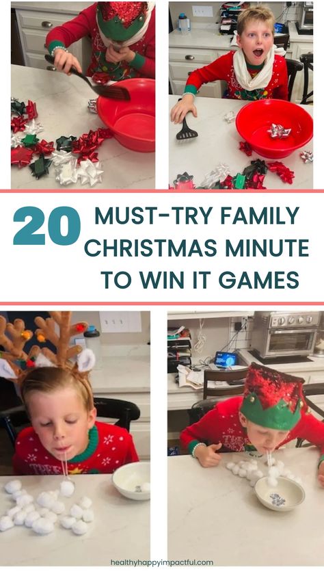 Child participating in various Christmas-themed Minute to Win It games, such as blowing cotton balls, using a spatula to transfer ornaments, and other activities. Text reads "20 Must-Try Family Christmas Minute to Win It Games". Holiday Fun Games For Adults, Cheap Christmas Games For Kids, Family Game Night Christmas, Holiday Games With Family, Kids Holiday Games For School, In It To Win It Games Christmas, Christmas Min To Win It Games, Dollar Tree Minute To Win It Games, Xmas Kids Games