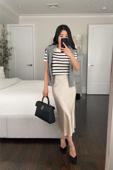 New blog post on ways to tuck a shirt Cute Modest Summer Outfits, Tuck A Shirt, Quince Outfits, Slip Skirt Outfit, Sweater Hacks, Silk Skirt Outfit, Silk Slip Skirt, Satin Skirt Outfit, Skirt Outfit Summer