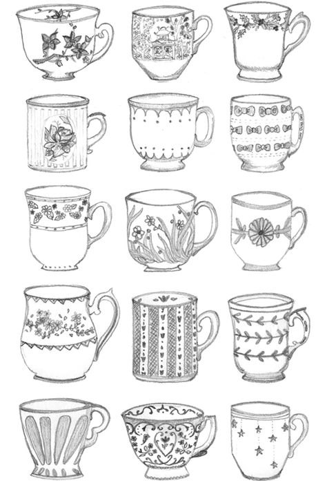 Teacups - tint embroidered versions of these? Teacup Collection, Graphic Cartoon, Etsy Embroidery, Sketch Note, Arte Doodle, Draw Illustration, Cartoon Drawing, Cups And Saucers, Journal Doodles