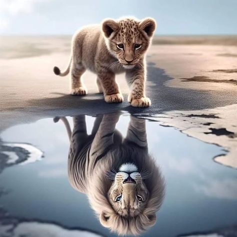 A curious baby lion cub looking into a puddle of water with a reflection of itself as an adult lion with large bushy mane, rendered in a photorealistic style with elements of fantastic realism. . . . . . . . . . . . . . . . . . #lionimages #insparing #inpirationalquotes #motivational #inspartional #motivation #postoftheday #photooftheday #aiimages ##tranding #viralreels #viral #viralvideos #instagrmreels #funny #motivationlimages #deepmeaningimages @_neeraj__2926 Lion Drinking Water Tattoo, Lion Cub Tattoo, Puddle Of Water, Baby Lion Cubs, Cubs Tattoo, Lion Photography, Lions Photos, Water Tattoo, Majestic Lion