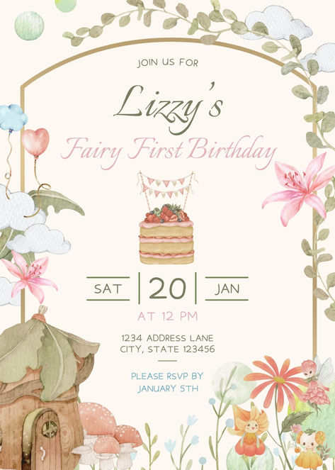 Fairy First Birthday Invitation, Birthday Party Invitation, Editable Invitation template, Birthday Party Invite, Fairy Theme Birthday Edit Invitation Card, Invation Ideas Birthdays, Cute 1st Birthday Themes Girl, 1 St Birthday Invitation Card, 1st Birthday Invitation Card Ideas, 1st Birthday Girl Invitations, First Birthday Girl Invitations, Bday Invitation Cards, Birthday Party Card Invitation