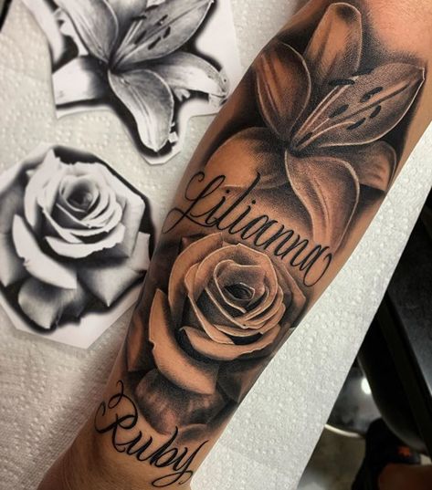 Mom Tattoos Forearm, Mom Names Tattoo Ideas, Tattoo With Moms Name, R.i.p Mom Tattoos, Name Tattoos For Women Arm, Name Tattoos With Flowers, Multiple Name Tattoos, Flowers With Names Tattoo, Name Tattoo With Flowers