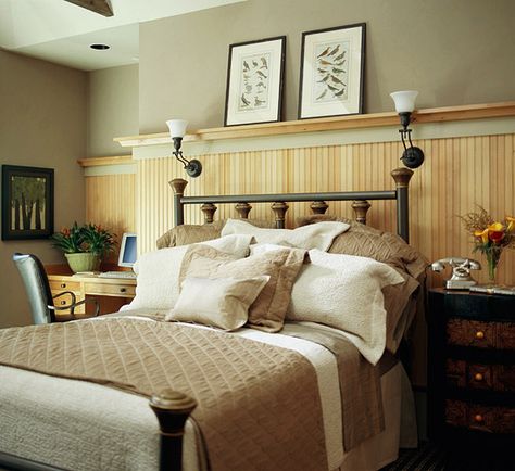 bedroom with tall wainscot and shelf Traditional Millwork, Bedroom Wainscoting, Wainscoting Kitchen, Wood Wainscoting, Wainscoting Bedroom, Dining Room Wainscoting, Wainscoting Styles, Diy Wainscoting, Basement Bedrooms