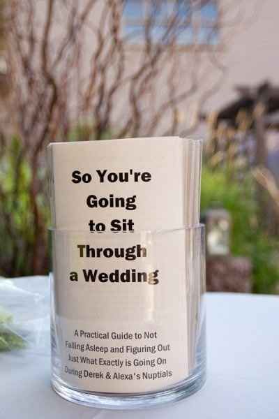 Do a book for each guest at their seat.   Put wedding/bride groom games in it, info about the wedding party in it.  Then the place cards/seating assignment can be a pencil with the table #attached. Wedding Programs Funny, Apple Orchard Wedding, Fun Wedding Programs, Confetti Bars, Happy Happy Happy, Wedding Humor, Here Comes The Bride, Wedding Programs, Fun Wedding