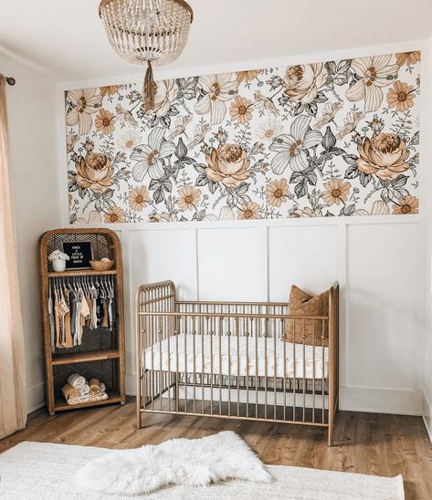 Madelyn Peel and Stick Wallpaper Isn’t She Lovely Nursery, Simple Vintage Nursery, Moody Girls Nursery, Half Wall Nursery, Wainscoting Nursery Girl, Twin Girl Nursery Ideas, Baby Accent Wall, Nursery Color Ideas, Simple Boho Nursery