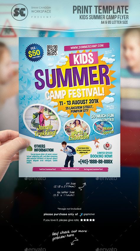 Flyer templates designed exclusively for summer camps, event, sports, school activities, family day, community or any of use. Fully editable, image/logo can be quickly added or replaced in smart objects. Easy to edit just find and replace image in the smart o Kids Fest, Kids Summer Camp, Camp Flyer, Kindergarten Party, Holiday Flyer Template, Roll Up Design, Summer Classes, Youth Camp, Holiday Program