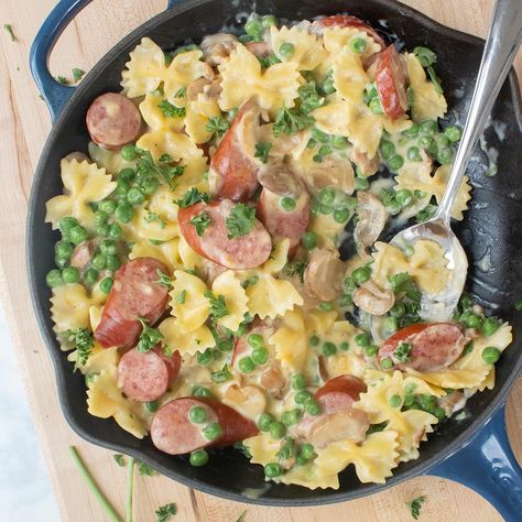 Kid Dinners, Kielbasa Pasta, Pasta Skillet, Bow Tie Pasta, Kielbasa Recipes, Skillet Pasta, Creamy Pasta Recipes, Kielbasa Sausage, Meatballs Easy