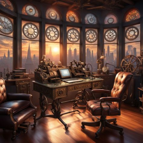 Steampunk office by qq qq - Playground Steampunk Office, Steampunk Furniture, Steampunk House, Brass Desk, Home Activities, Create Art, Image Generator, Social Media Posts, Creating Art