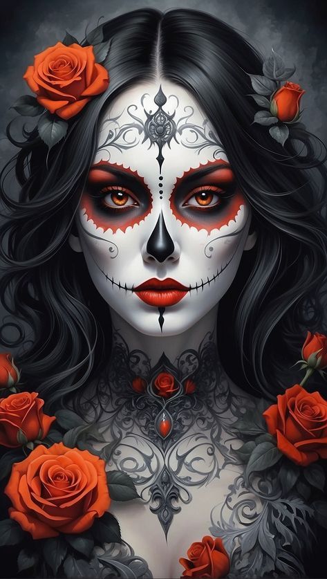 Sugar Skull Art Painting, Day Of The Dead Girl Tattoo, Sugar Skull Art Drawing, Colorful Portrait Photography, Mexican Artwork, Sugar Skull Artwork, Halloween Digital Art, Tattoo Posters, Color Pencil Sketch