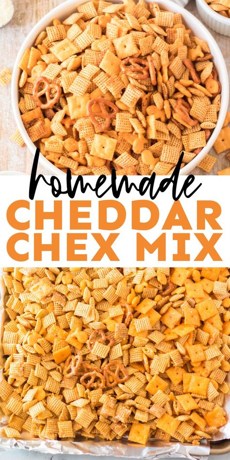 The best homemade cheddar chex mix! So easy to make and so delicious! Cheddar Chex Mix Recipe, Cheesy Chex Mix Recipes, Cheese Chex Mix Recipes, Cheez It Snack Mix Recipe, Cheesy Chex Mix, Cheesy Snack Mix, Savory Chex, Savory Chex Mix, Homemade Chex Mix Recipe