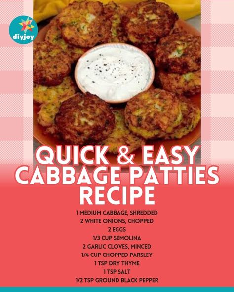 This cabbage patties recipe is quick and easy, perfect as an appetizer or a side dish. They're healthy, flavorful, and budget-friendly. via @diyjoycrafts Cabbage Patties, Cabbage Recipes Healthy, Patty Recipe, Cooked Cabbage, Patties Recipe, Vegan Burger, Cabbage Recipes, Dinner Menu, Winter Food