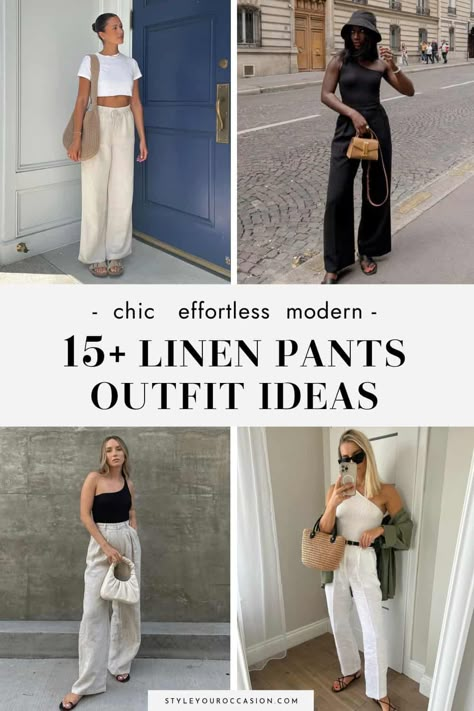 Looking for classy and modern linen pants outfit ideas for women? This list has linen pants outfits for spring, summer, fall, and even winter - both casual and dressy for work. Whether you want to style linen pants for the beach on vacation or for the office, you’ll love these aesthetic outfits and learn how to wear linen pants for every occasion. Neutral Linen Pants Outfit, How To Style Linen Pants Casual, Pants Outfit Ideas For Women, Linen Pants Outfit Ideas, Linen Pants Outfits, Linen Pants Work, Flared Linen Pants, Linen Pants Outfit Summer, Style Linen Pants