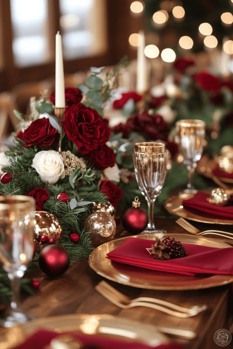 winter wedding colors Maroon Colored Wedding, Red And Gold Winter Wedding, December Wedding Decorations Wedding Table Decor, Red And Gold Christmas Wedding, Christmas Wedding Round Table Decor, Burgundy Gold Wedding Theme, Christmas Wedding Aesthetic, Red And Gold Wedding Decor, Winter Wedding Dessert Table