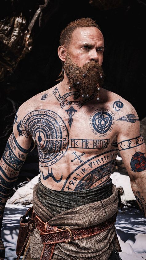 Mens Norse Tattoo, Ullr God Tattoo, Baldur Norse Mythology, Norse Chest Tattoo Men, Baldur Gow Fanart, Baldur Tattoo Meaning, Baldr Tattoos, Baldur Art, Draugr Tattoo